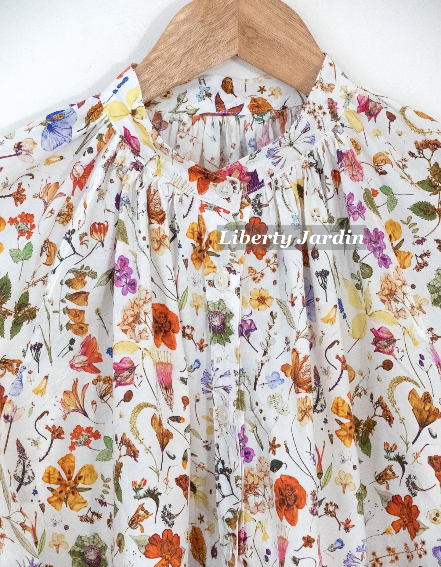 Liberty London Mandarin Collared Blouse, Bespoke Raglan 3/4 Sleeves Top, Handmade Botanical Shirt, Sustainable Personalised Cotton Clothing