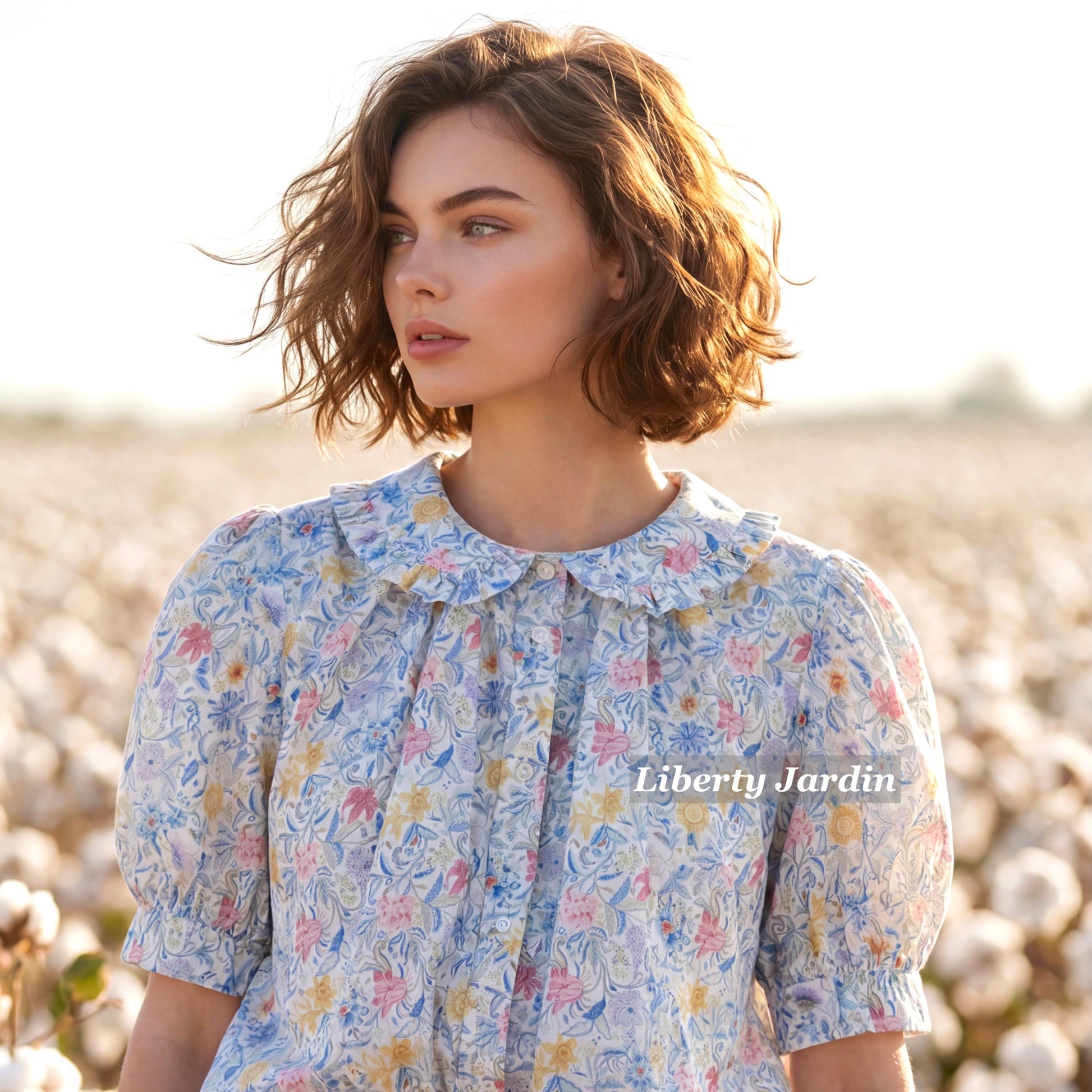 Liberty London Frilled Peter-Pan Collared Handmade Blouse, Button-up Puffed-Sleeves Chemise, Sustainable Tailoring Versatile Shirt
