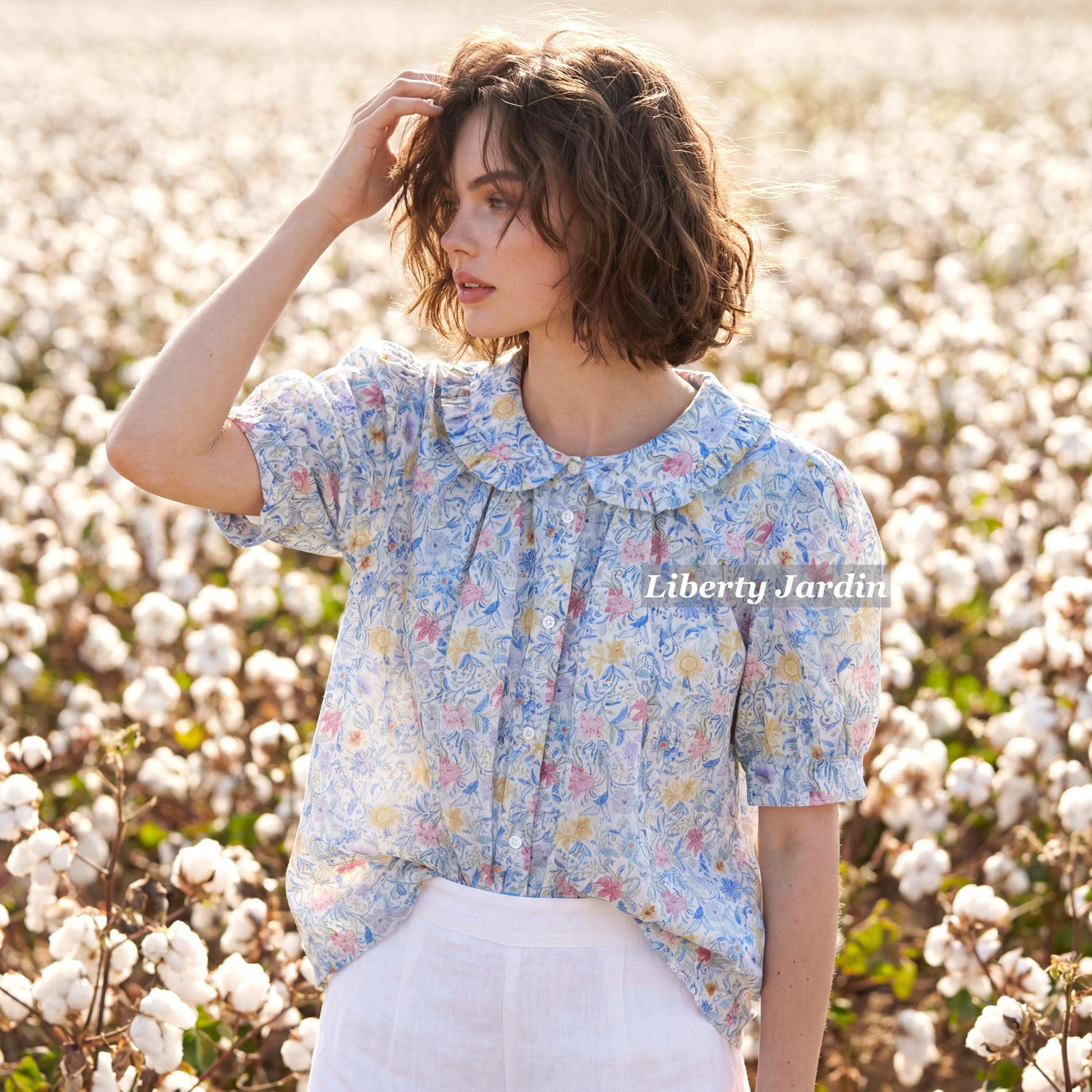 Liberty London Frilled Peter-Pan Collared Handmade Blouse, Button-up Puffed-Sleeves Chemise, Sustainable Tailoring Versatile Shirt