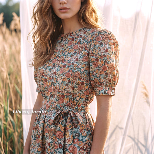 Liberty London Smock Puffed-Sleeves Midi-Length Sun Dress, Sustainable Handmade Womenswear, Botanical Floral-print Cotton Clothing