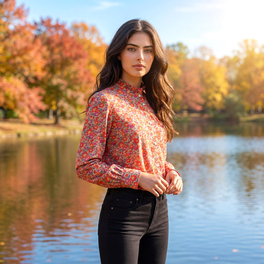 Long Sleeves Liberty London Ruffle Collared Button-up Blouse, Personalised Cotton Chemise, Handmade Sustainable Womenswear
