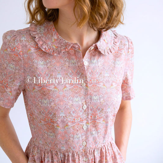Liberty London Frilled Peter Pan Collar Short Sleeves Shirtdress, Personalised Tailoring Sustainable Cotton Clothing