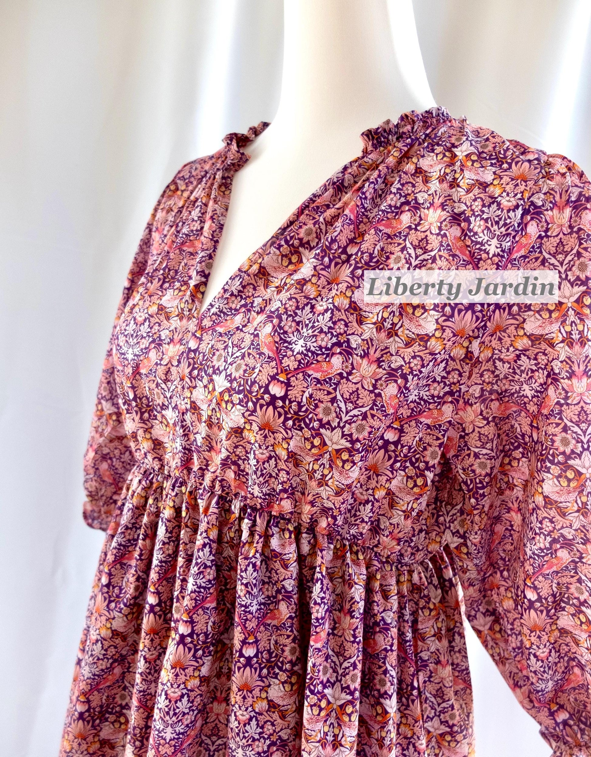 Liberty London V-neck Three-quarter Sleeves Smock Dress, Customised Tailoring Womenswear, Sustainable Botanical Personalised Clothing