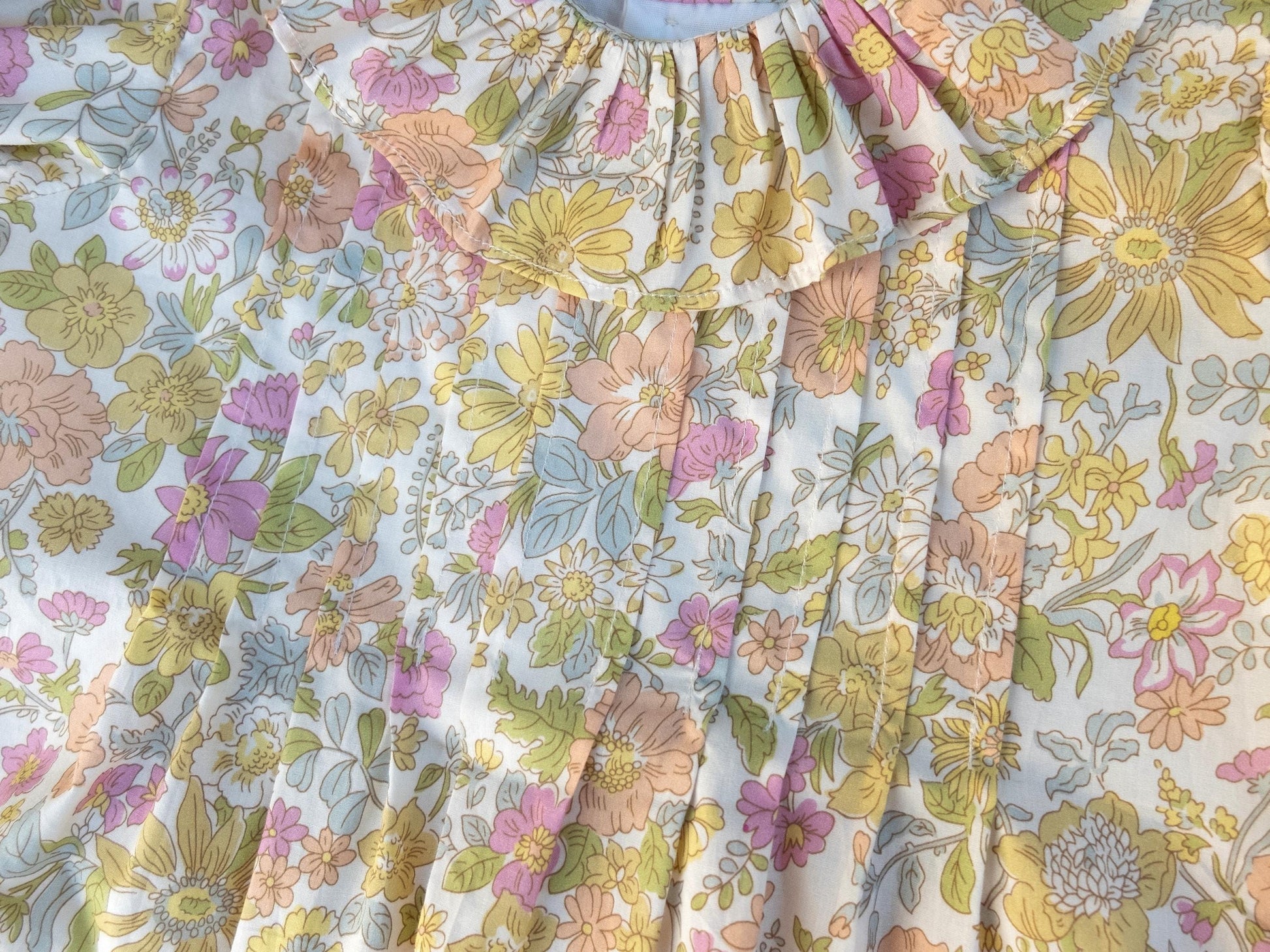 Liberty London Heirloom Children-wear, Pierrot Ruffle Collared Short-Sleeved Bubble Romper, Handmade Sustainable Ethical Clothing