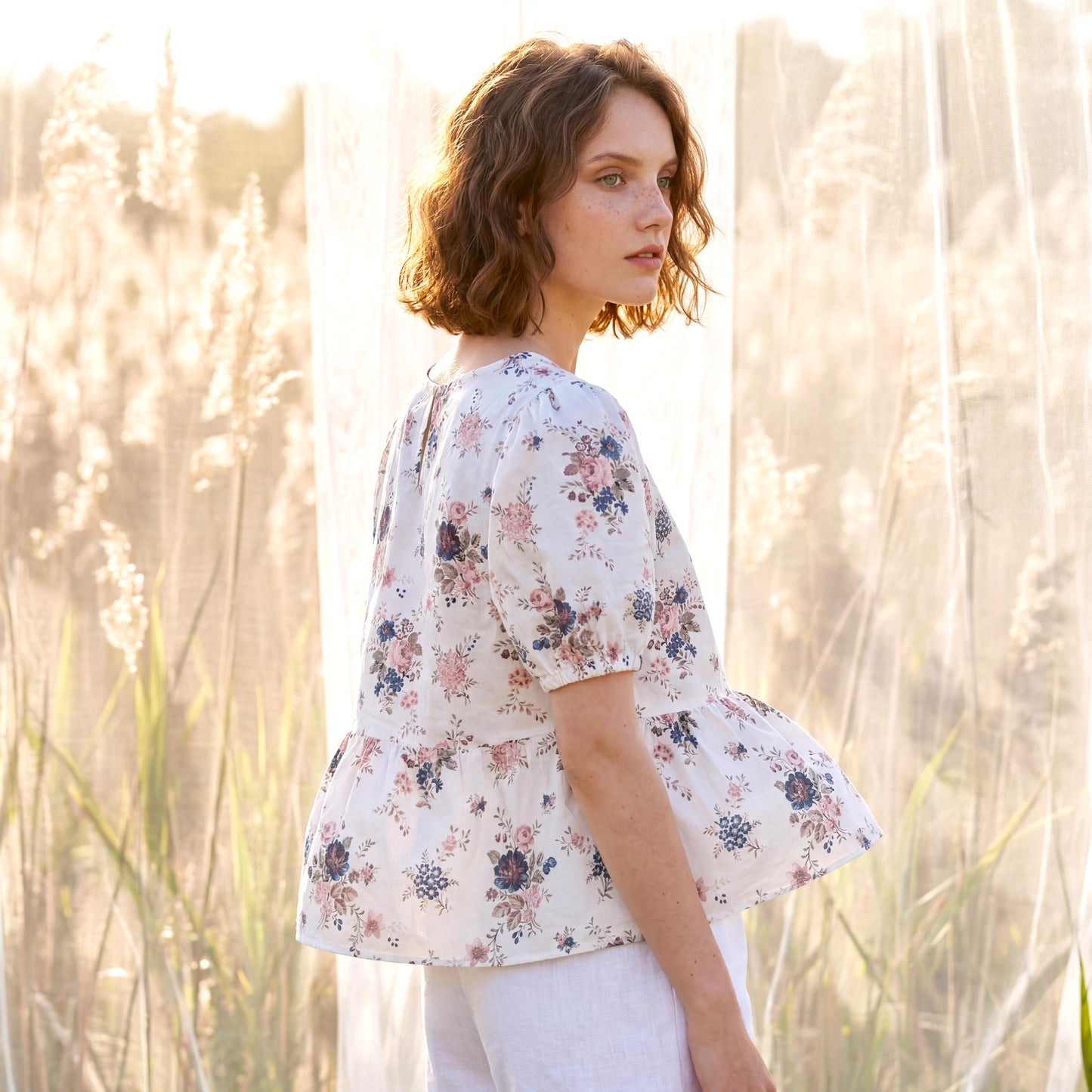 Liberty London Peplum Blouse, Handmade Botanical Sustainable Clothing, Puffed Short-sleeved Top, Personalised Tailoring Womenswear