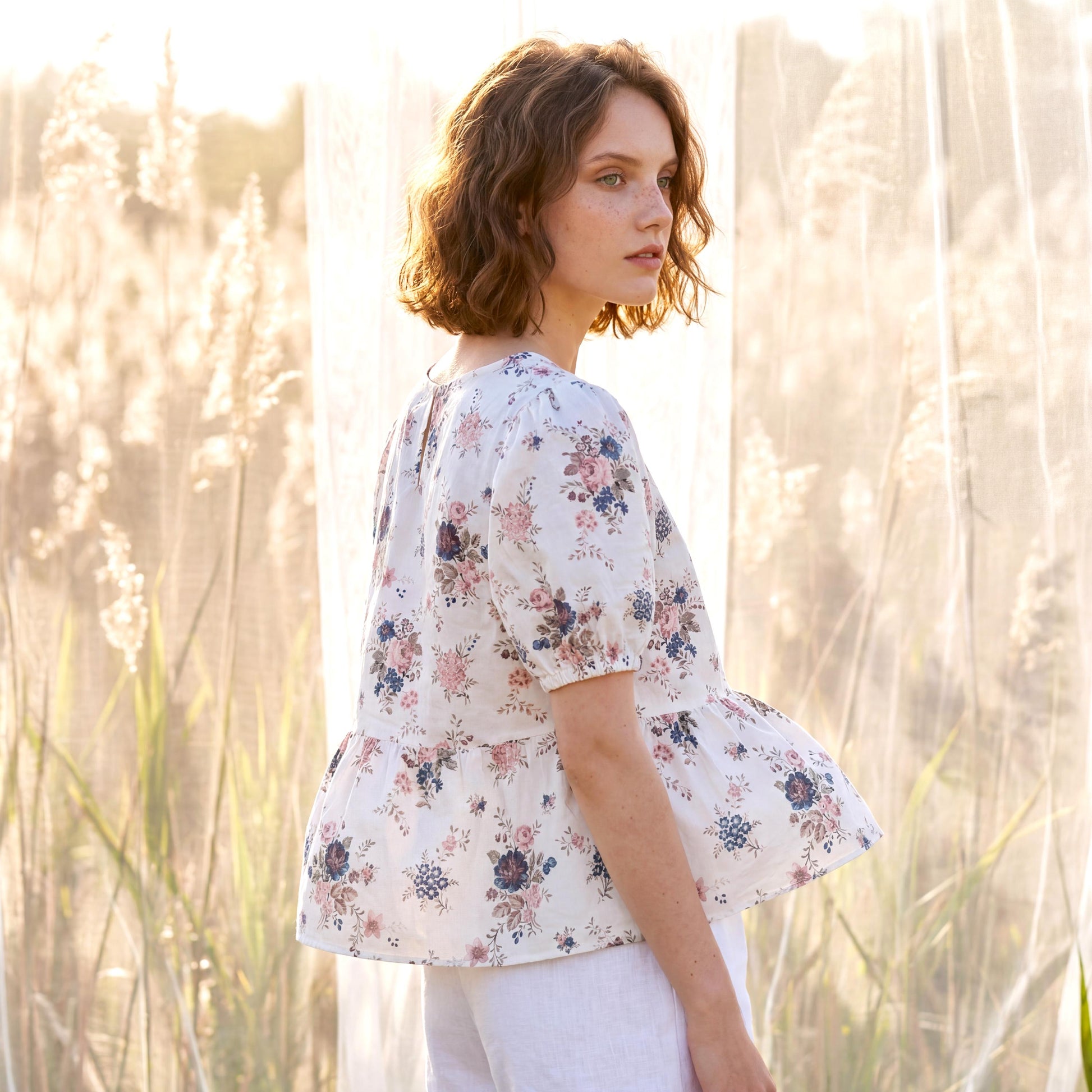 Liberty London Peplum Blouse, Handmade Botanical Sustainable Clothing, Puffed Short-sleeved Top, Personalised Tailoring Womenswear