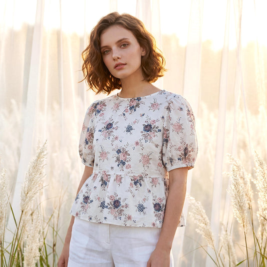 Liberty London Peplum Blouse, Handmade Botanical Sustainable Clothing, Puffed Short-sleeved Top, Personalised Tailoring Womenswear