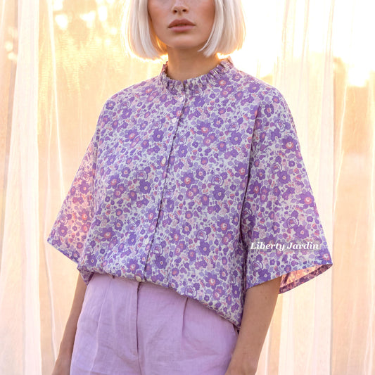Liberty London Ruffle Collared Blouse, Handmade Botanical Sustainable Clothing, Personalised Womenswear, Customised Tailoring Chemise