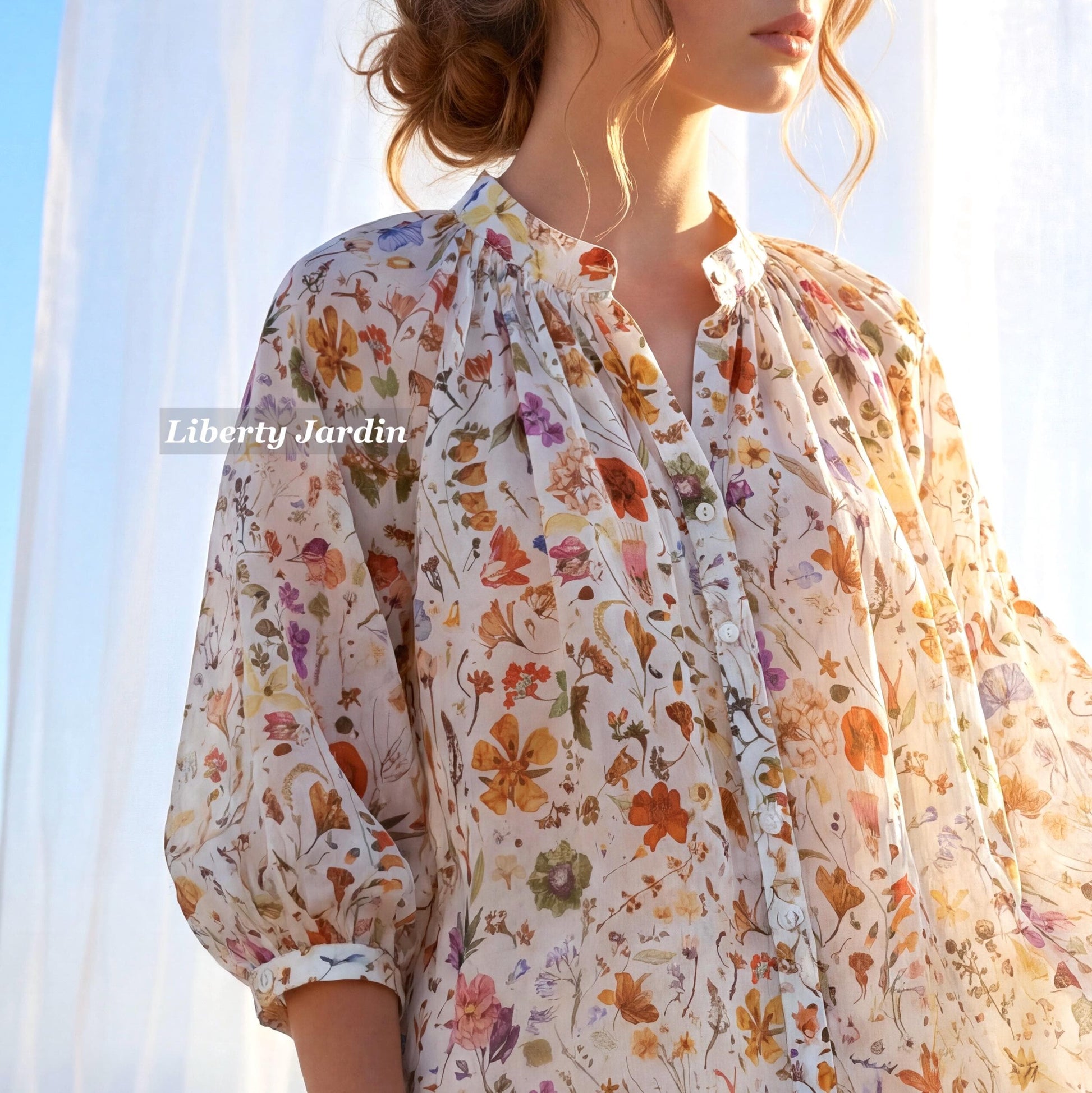 Liberty London Mandarin Collared Blouse, Bespoke Raglan 3/4 Sleeves Top, Handmade Botanical Shirt, Sustainable Personalised Cotton Clothing