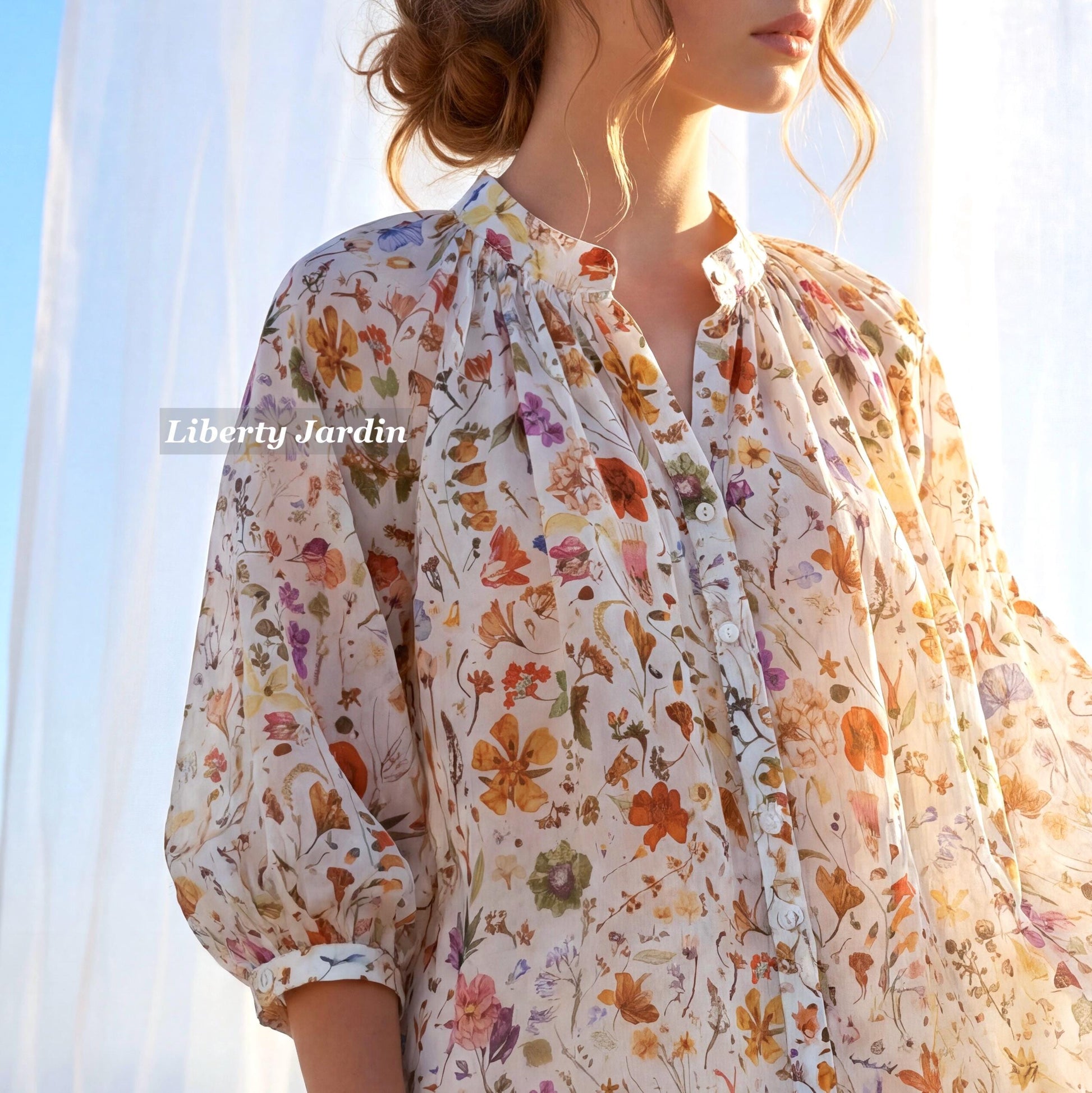 Mandarin Collar Liberty Blouse Floral Print 3/4 Sleeves