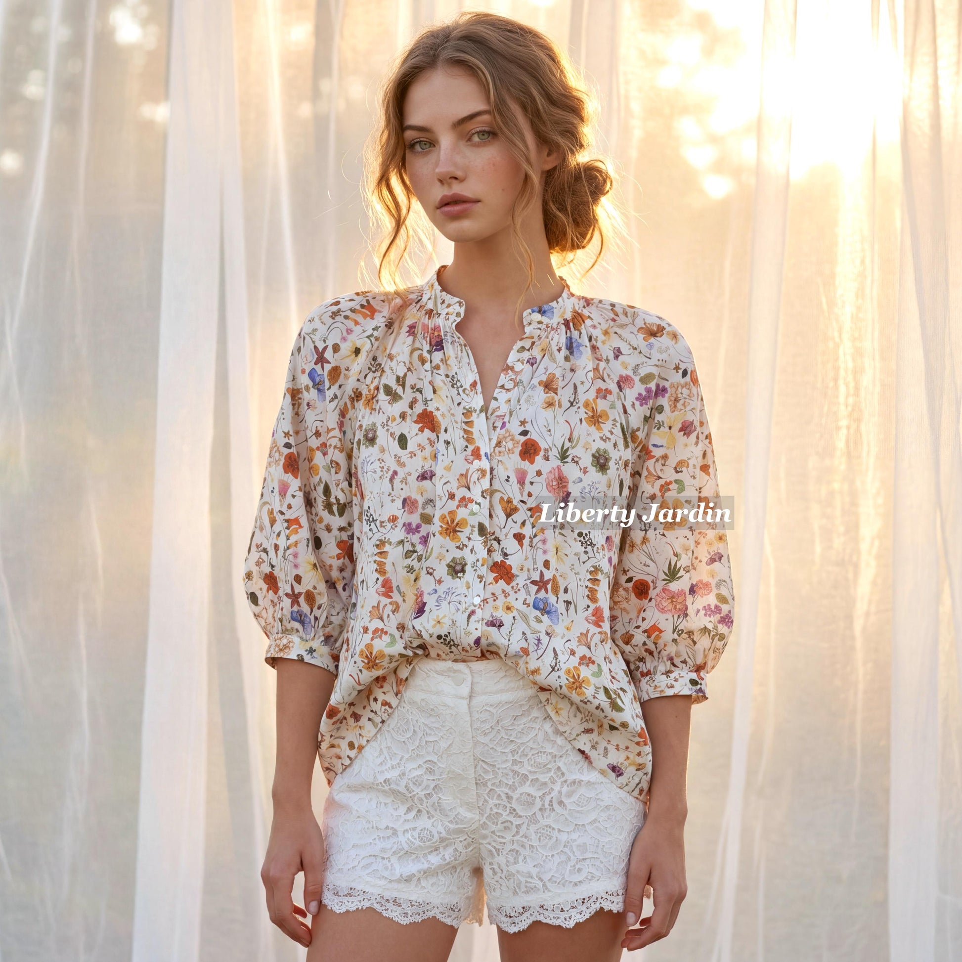 Mandarin Collar Liberty Blouse Floral Print 3/4 Sleeves