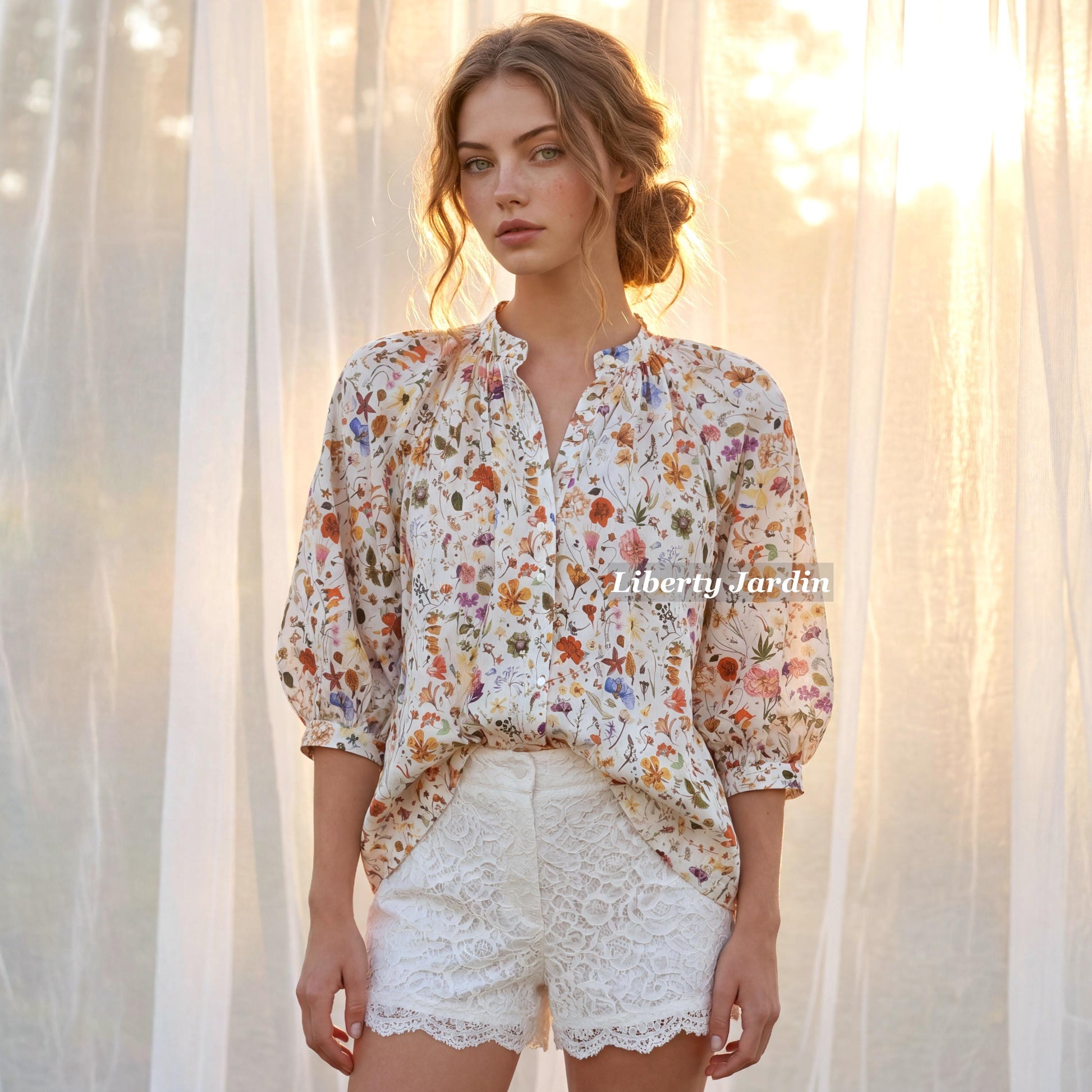 Liberty London Mandarin Collared Blouse, Bespoke Raglan 3/4 Sleeves Top, Handmade Botanical Shirt, Sustainable Personalised Cotton Clothing