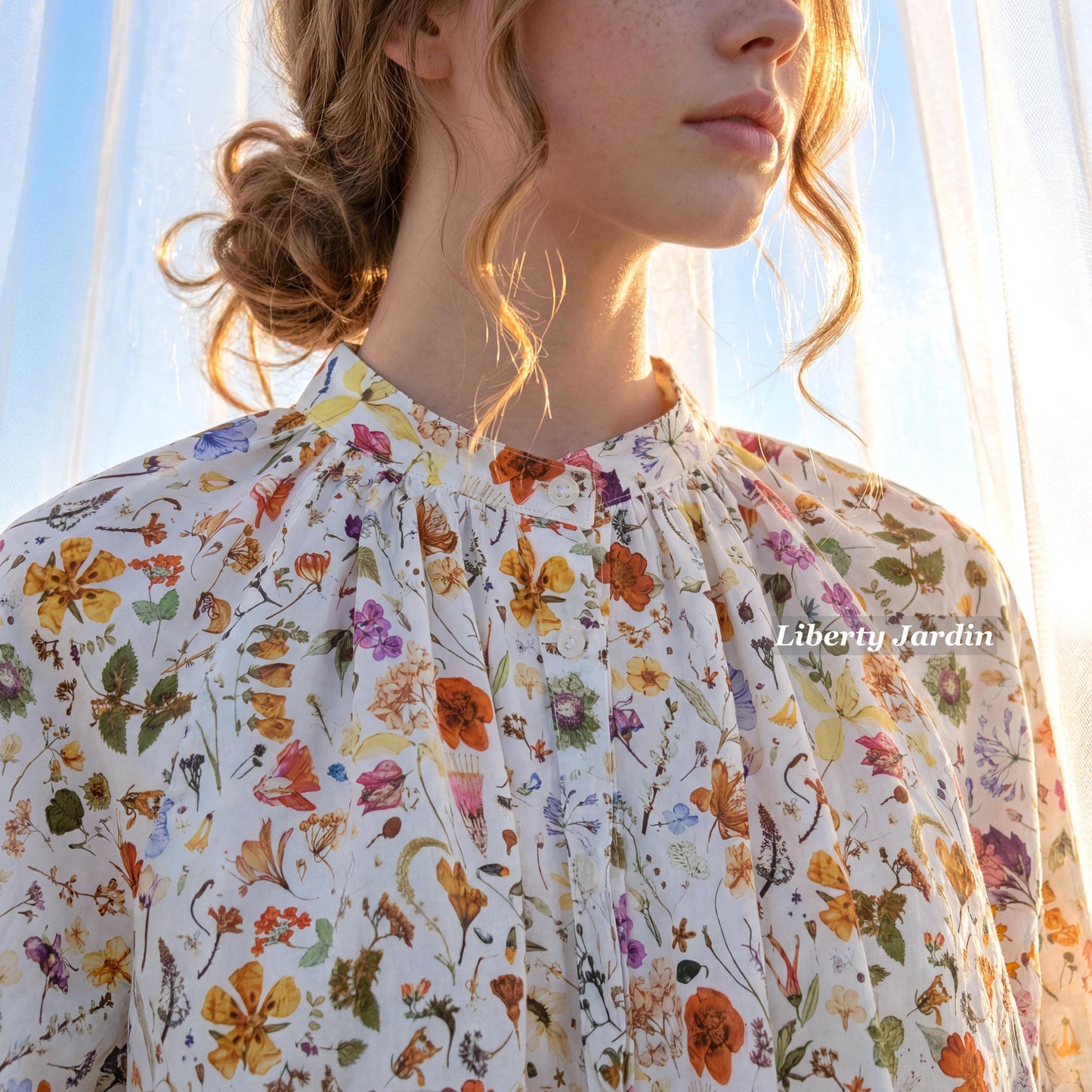 Mandarin Collar Liberty Blouse Floral Print 3/4 Sleeves