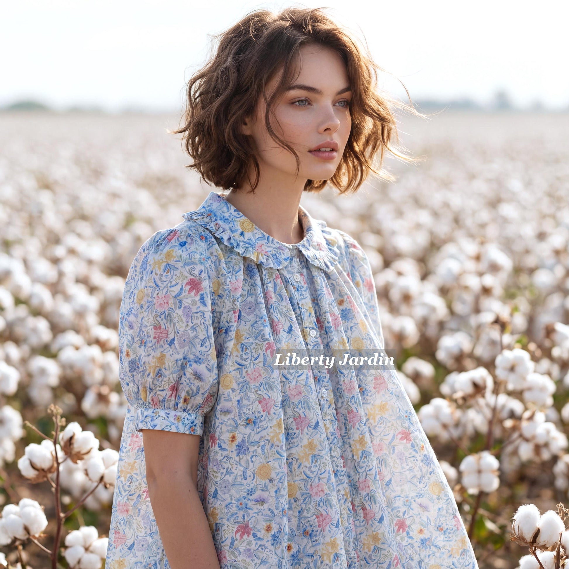 Liberty London Frilled Peter-Pan Collared Handmade Blouse, Button-up Puffed-Sleeves Chemise, Sustainable Tailoring Versatile Shirt