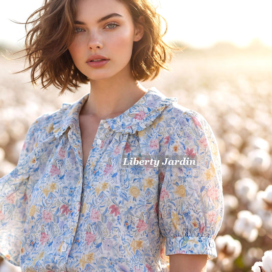 Liberty London Frilled Peter-Pan Collared Handmade Blouse, Button-up Puffed-Sleeves Chemise, Sustainable Tailoring Versatile Shirt