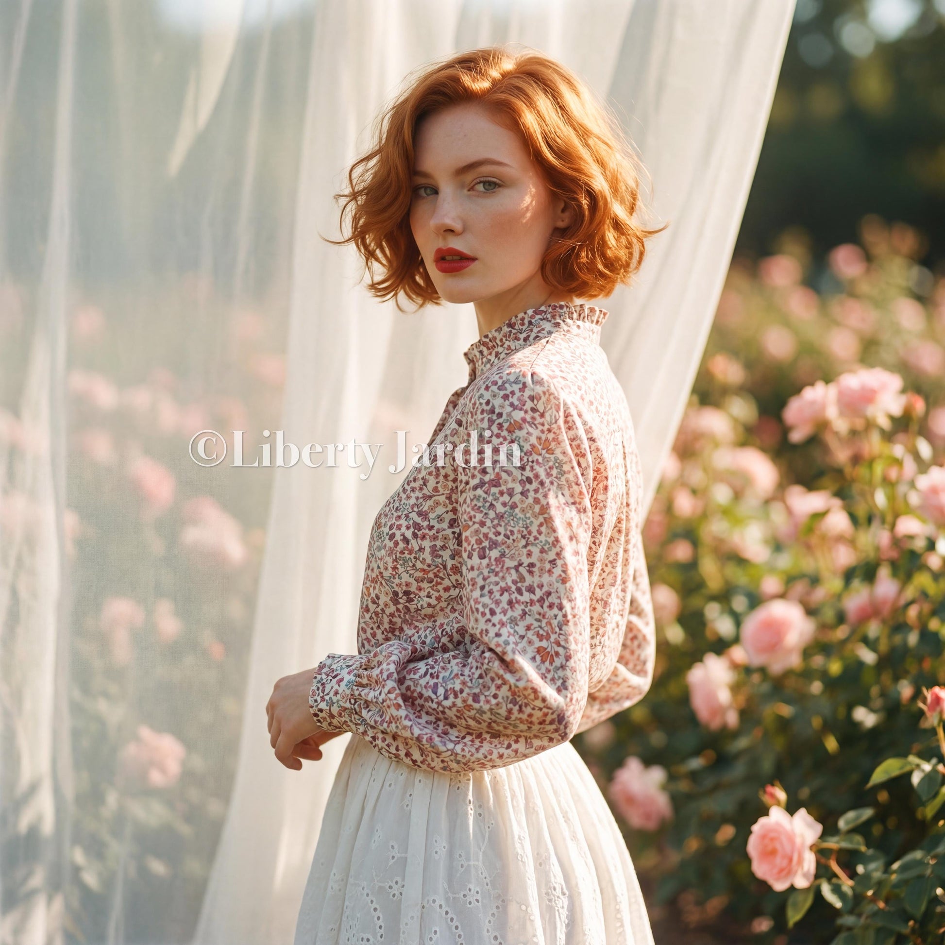 May include: A long-sleeved blouse featuring a small-scale floral print in shades of pink, blue, and green with a high ruffled collar, paired with a white eyelet skirt. The text Liberty Jardin is visible on the blouse. The garment has cuffed sleeves.