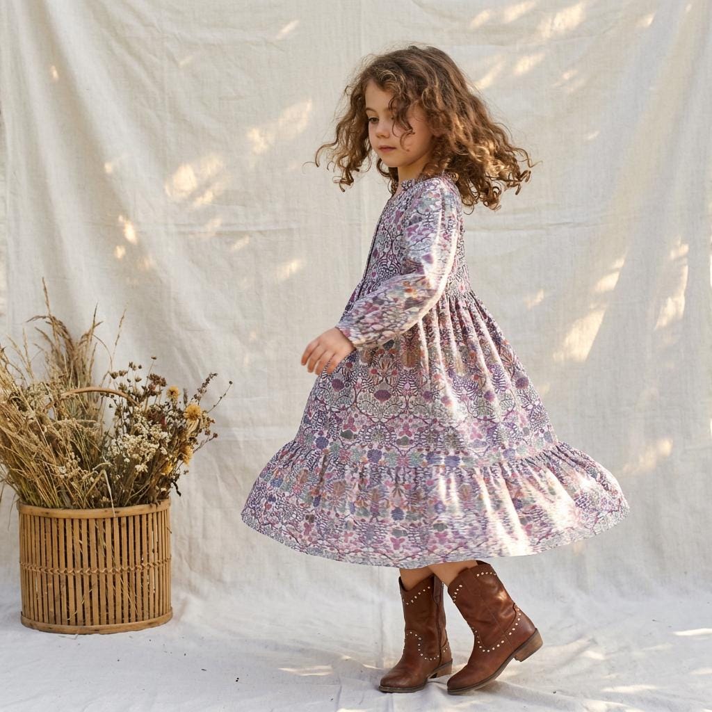 May include: A long-sleeved, floral-print dress in shades of purple, pink, and blue. The dress features a ruffled hem and is paired with brown leather boots. A woven basket with dried flowers is in the background.