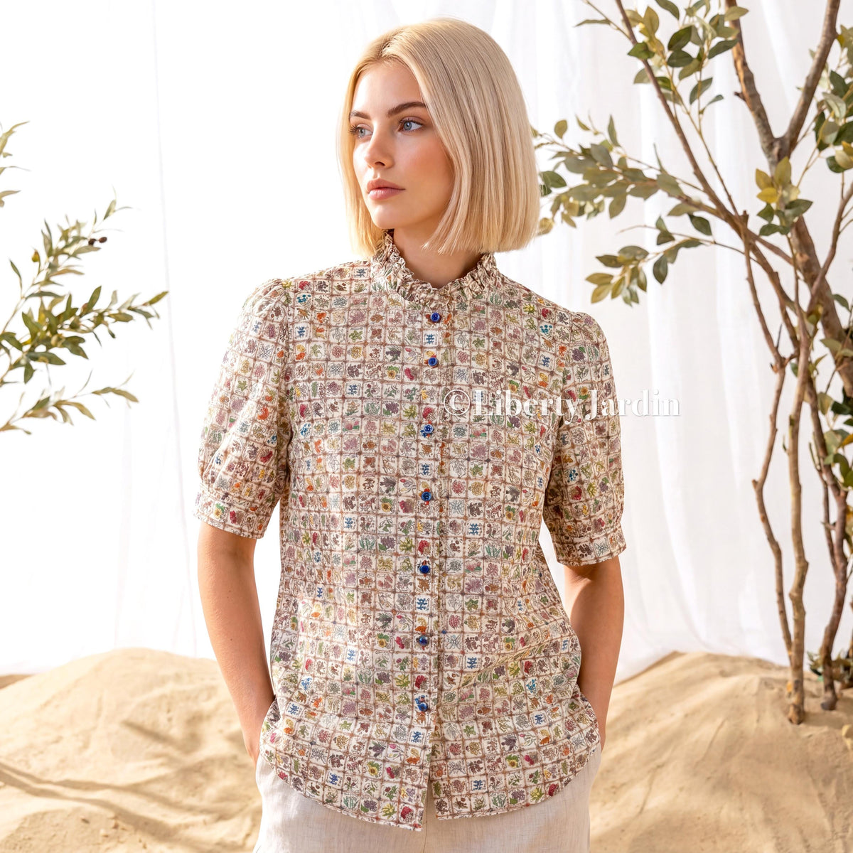 Liberty London Ruffle Collar Blouse, Short Sleeves Handmade Chemise, Button-up Botanical Personalised Shirt, Minimalist Versatile Clothing