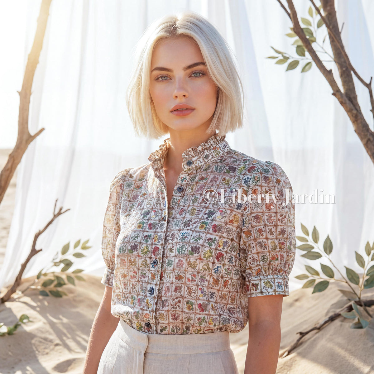 Liberty London Ruffle Collar Blouse, Short Sleeves Handmade Chemise, Button-up Botanical Personalised Shirt, Minimalist Versatile Clothing