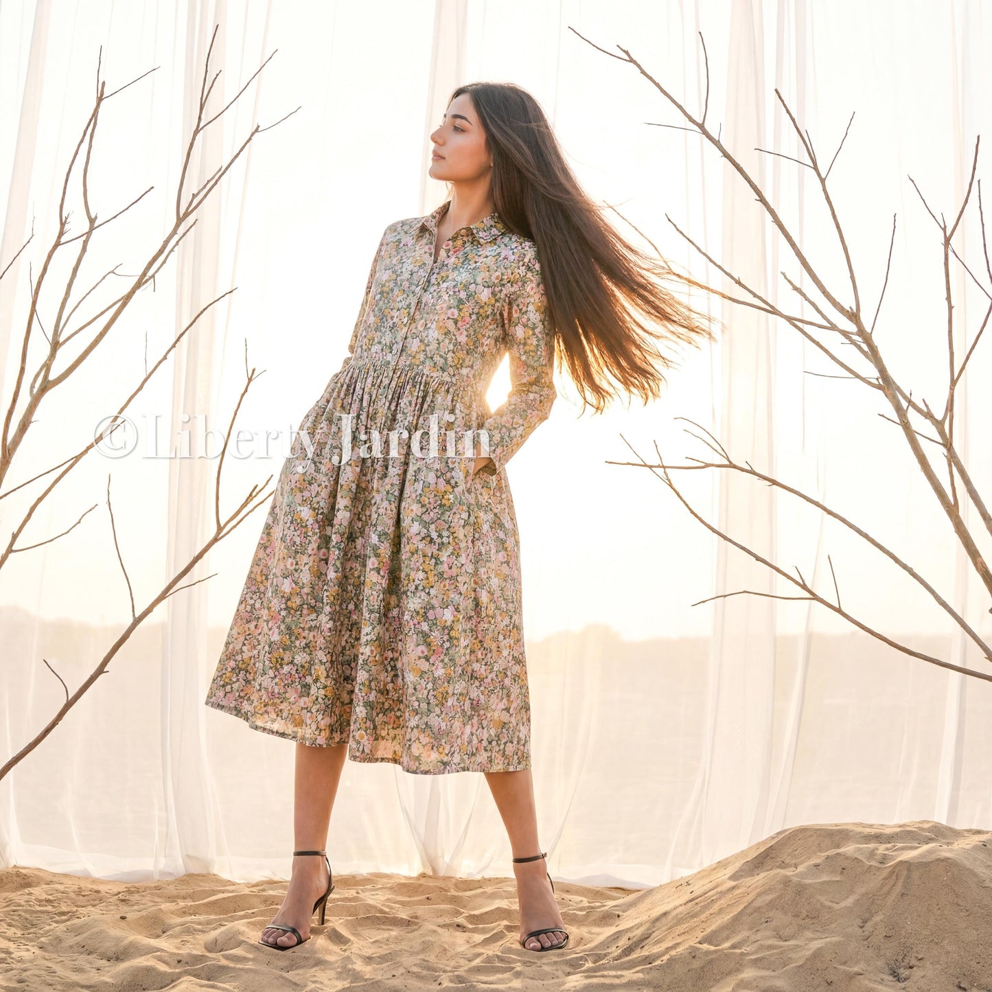 Liberty London Long Sleeves Shirtdress, Botanical Handmade Womenswear, Personalised Tailoring Customised Wear, Classic Shirt Collared Dress