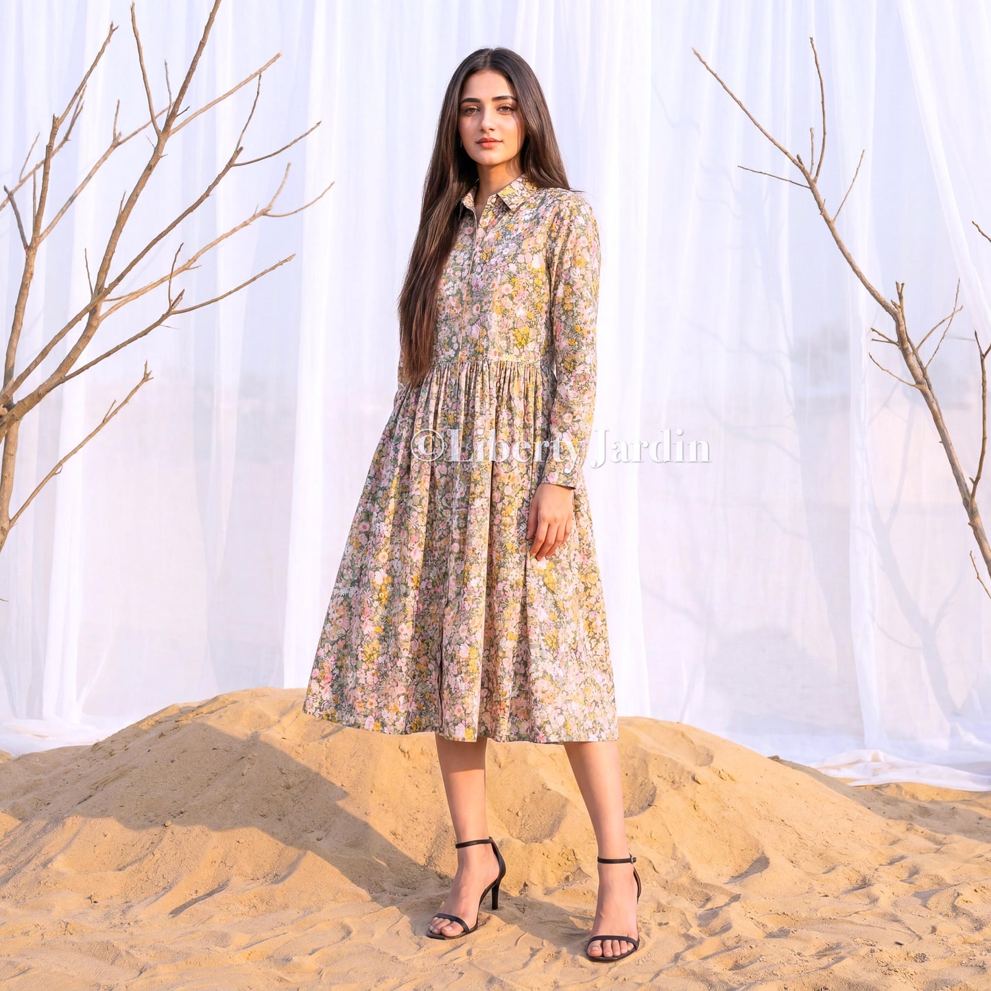 Liberty London Long Sleeves Shirtdress, Botanical Handmade Womenswear, Personalised Tailoring Customised Wear, Classic Shirt Collared Dress