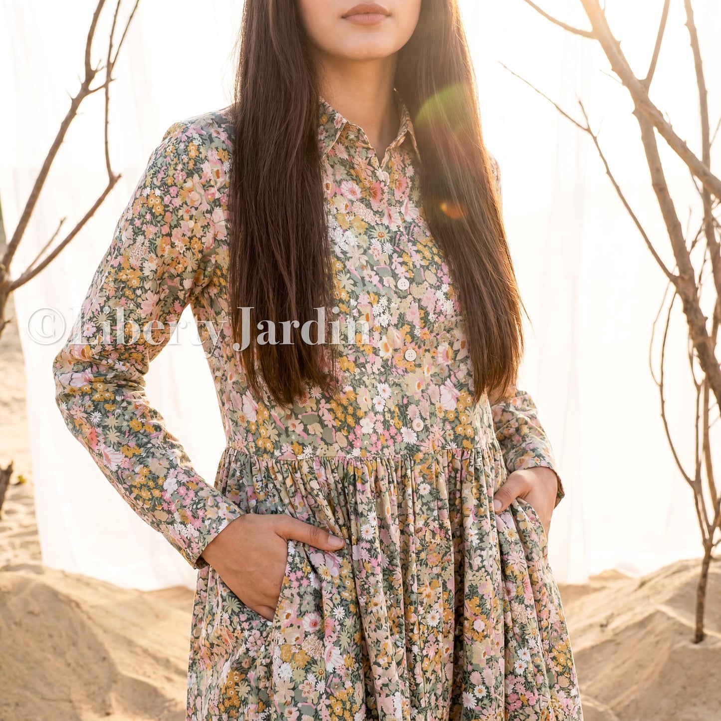 Liberty London Long Sleeves Shirtdress, Botanical Handmade Womenswear, Personalised Tailoring Customised Wear, Classic Shirt Collared Dress