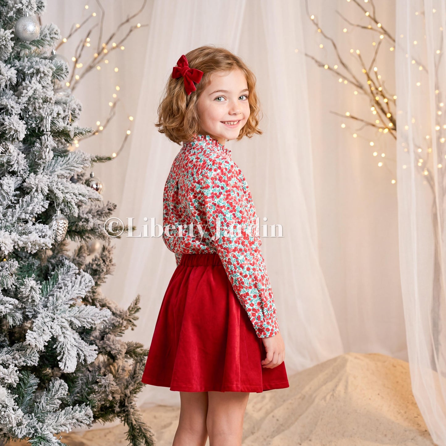 CHRISTMAS Liberty London Long Sleeves Blouse, Ruffle Collar Button Up Top, Handmade Personalised Shirt, Wiltshire Berries Customised Chemise