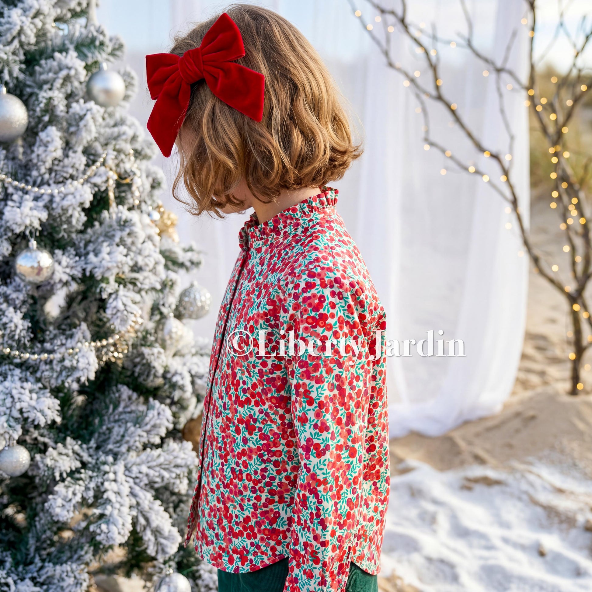 CHRISTMAS Liberty London Long Sleeves Blouse, Ruffle Collar Button Up Top, Handmade Personalised Shirt, Wiltshire Berries Customised Chemise