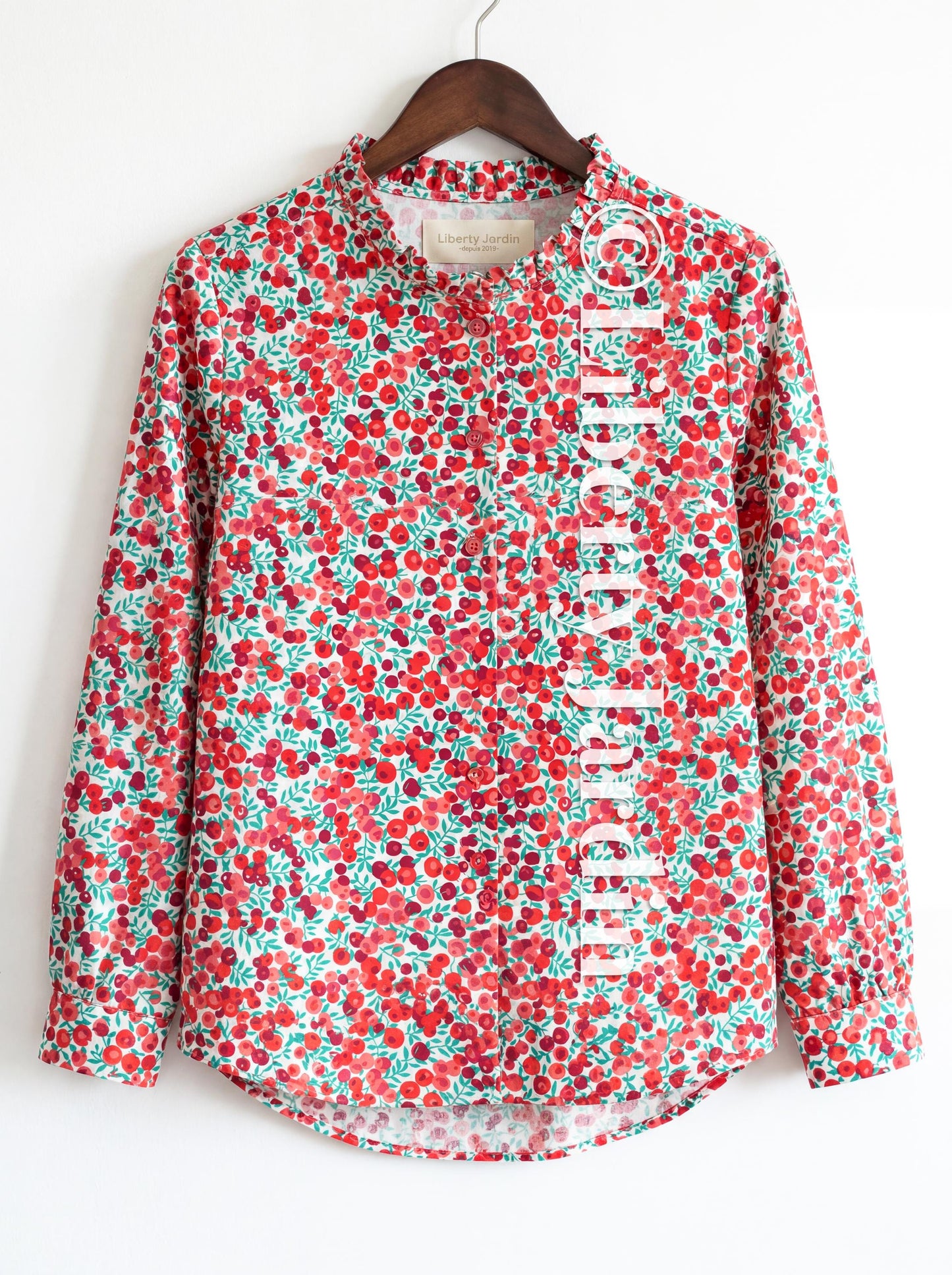 CHRISTMAS Liberty London Long Sleeves Blouse, Ruffle Collar Button Up Top, Handmade Personalised Shirt, Wiltshire Berries Customised Chemise