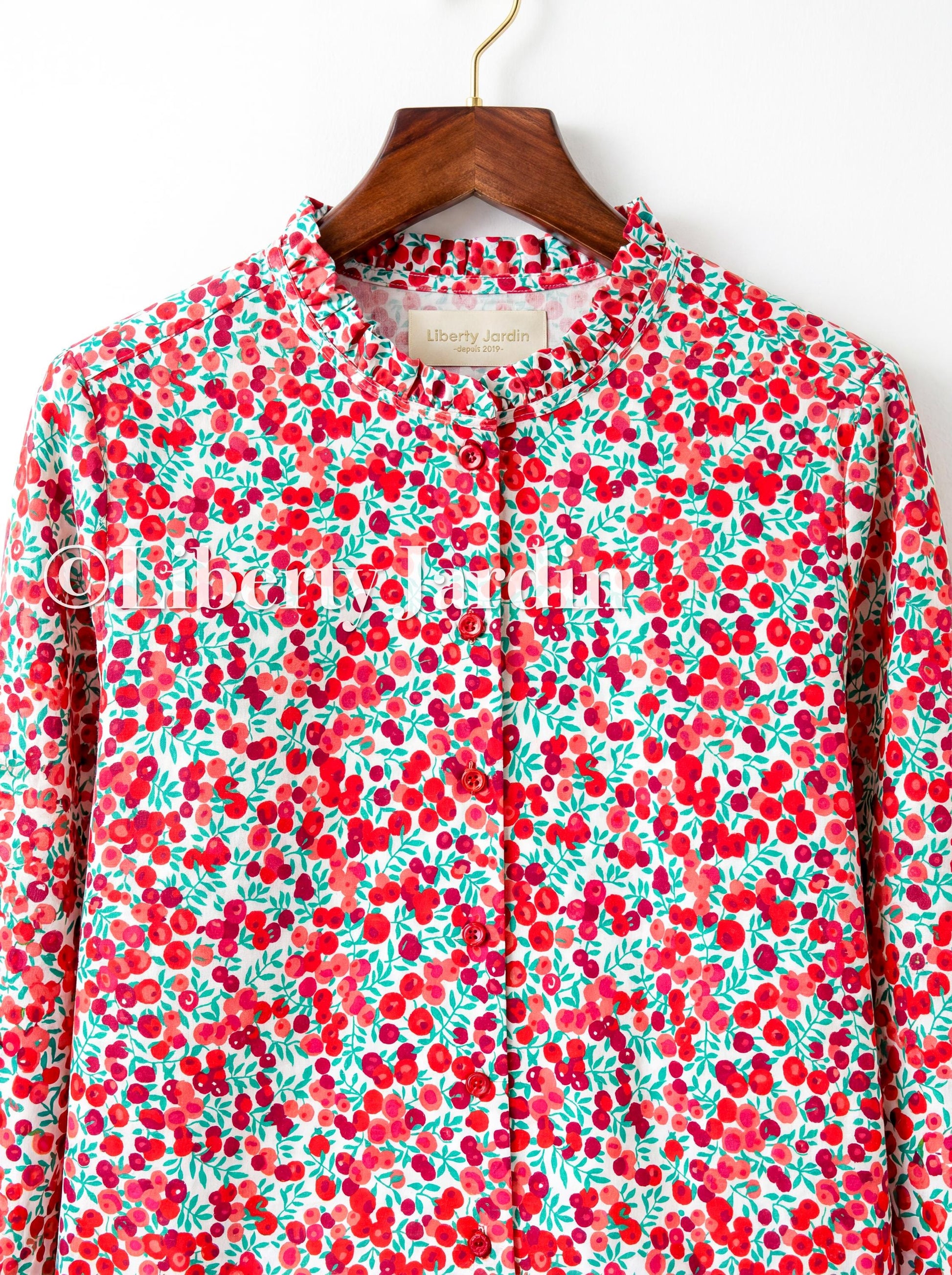 CHRISTMAS Liberty London Long Sleeves Blouse, Ruffle Collar Button Up Top, Handmade Personalised Shirt, Wiltshire Berries Customised Chemise