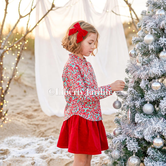 CHRISTMAS Liberty London Long Sleeves Blouse, Ruffle Collar Button Up Top, Handmade Personalised Shirt, Wiltshire Berries Customised Chemise