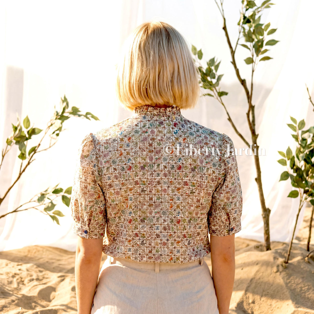 Liberty London Ruffle Collar Blouse, Short Sleeves Handmade Chemise, Button-up Botanical Personalised Shirt, Minimalist Versatile Clothing