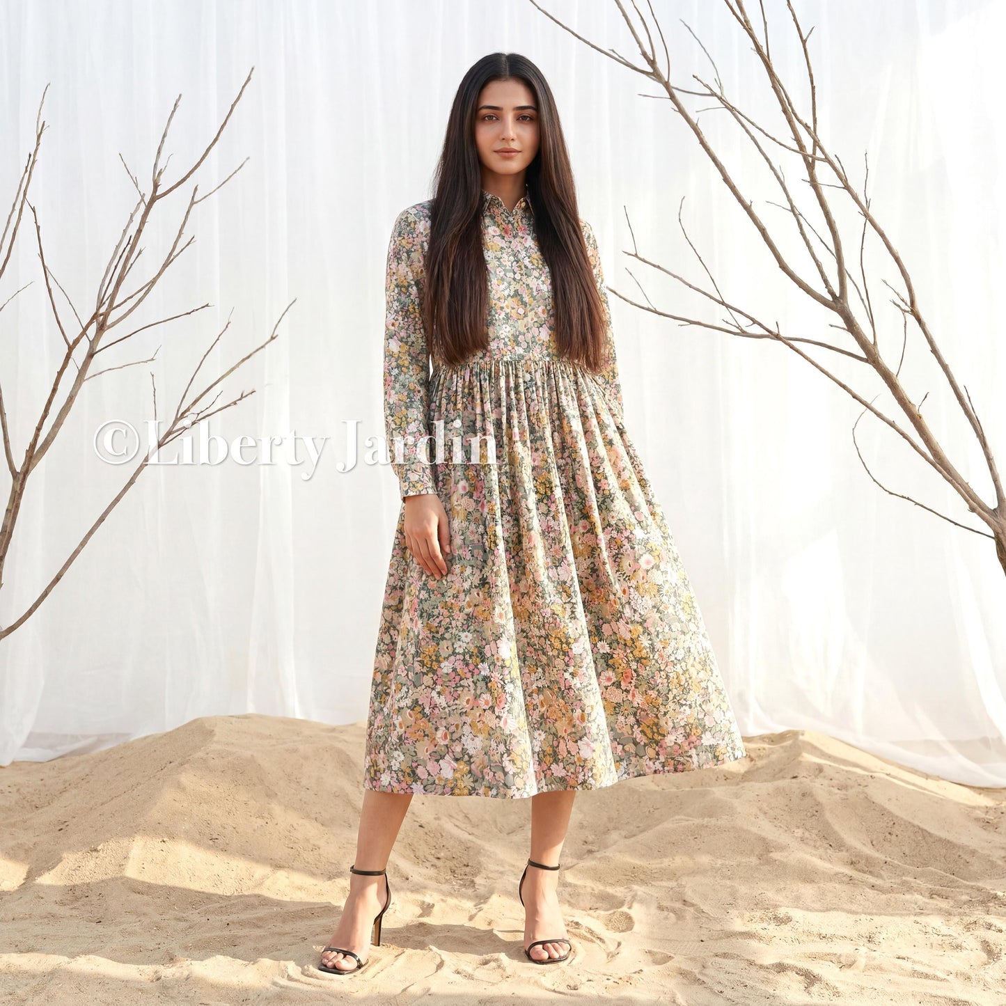 Liberty London Long Sleeves Shirtdress, Botanical Handmade Womenswear, Personalised Tailoring Customised Wear, Classic Shirt Collared Dress