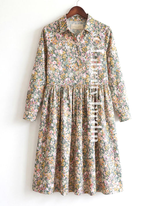 Liberty London Long Sleeves Shirtdress, Botanical Handmade Womenswear, Personalised Tailoring Customised Wear, Classic Shirt Collared Dress