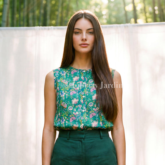 Liberty London Sleeveless Top, Handmade Button Up Blouse, Botanical Cotton Shirt, Personalised Bespoke Tailoring Clothing, Sustainable Wear