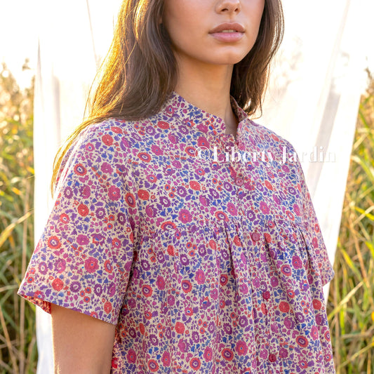 Liberty London Smock Top, Mandarin Collar Gather Blouse, Button Through Chemise, Botanical Handmade Womenswear, Short Sleeves Cotton Shirt