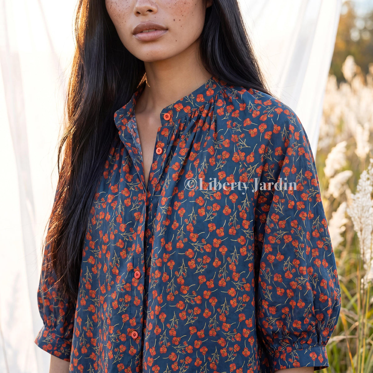 Liberty London Blouse, Raglan 3/4 Sleeves Top, Mandarin Collar Shirt, Handmade Botanical Clothing, Sustainable Personalised Cotton Wear