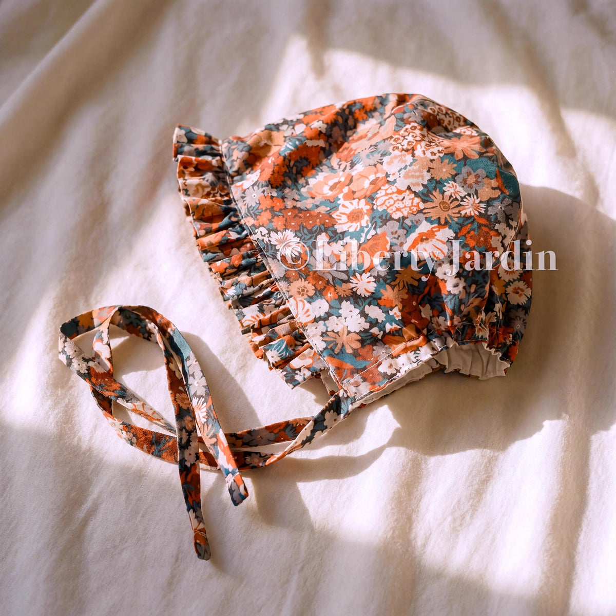 Liberty London Ruffle Bonnet, Handmade Children Hat, Adjustable Sun Hat, Botanical Ditsy Floral Print, Cotton Tana Lawn, Personalised Outfit