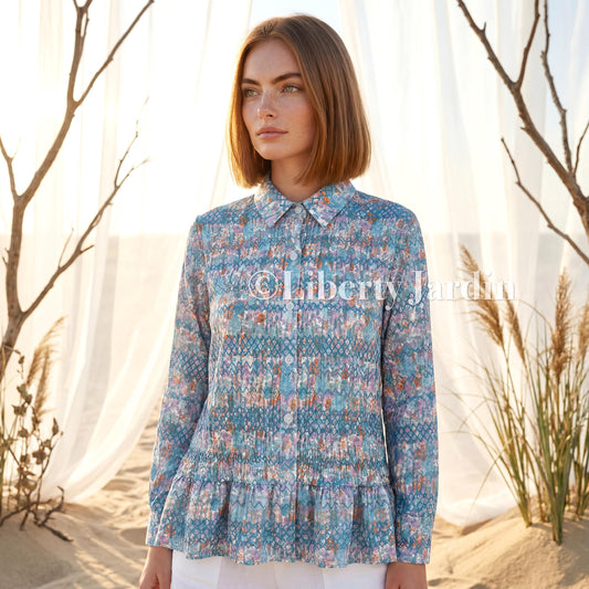 Liberty London Peplum Blouse, Long Sleeves Button Up Shirt, Handmade Collared Dress Top, Botanical Cotton Tana Lawn, Personalised Clothing