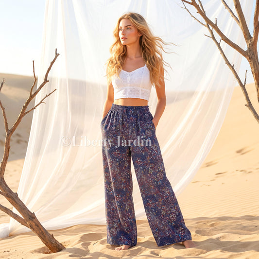 Liberty London Palazzo Pants, Wide Leg Cotton Trousers, Handmade Personalised Pyjama, Customised Women Loungewear, Bespoke Tailoring Clothes