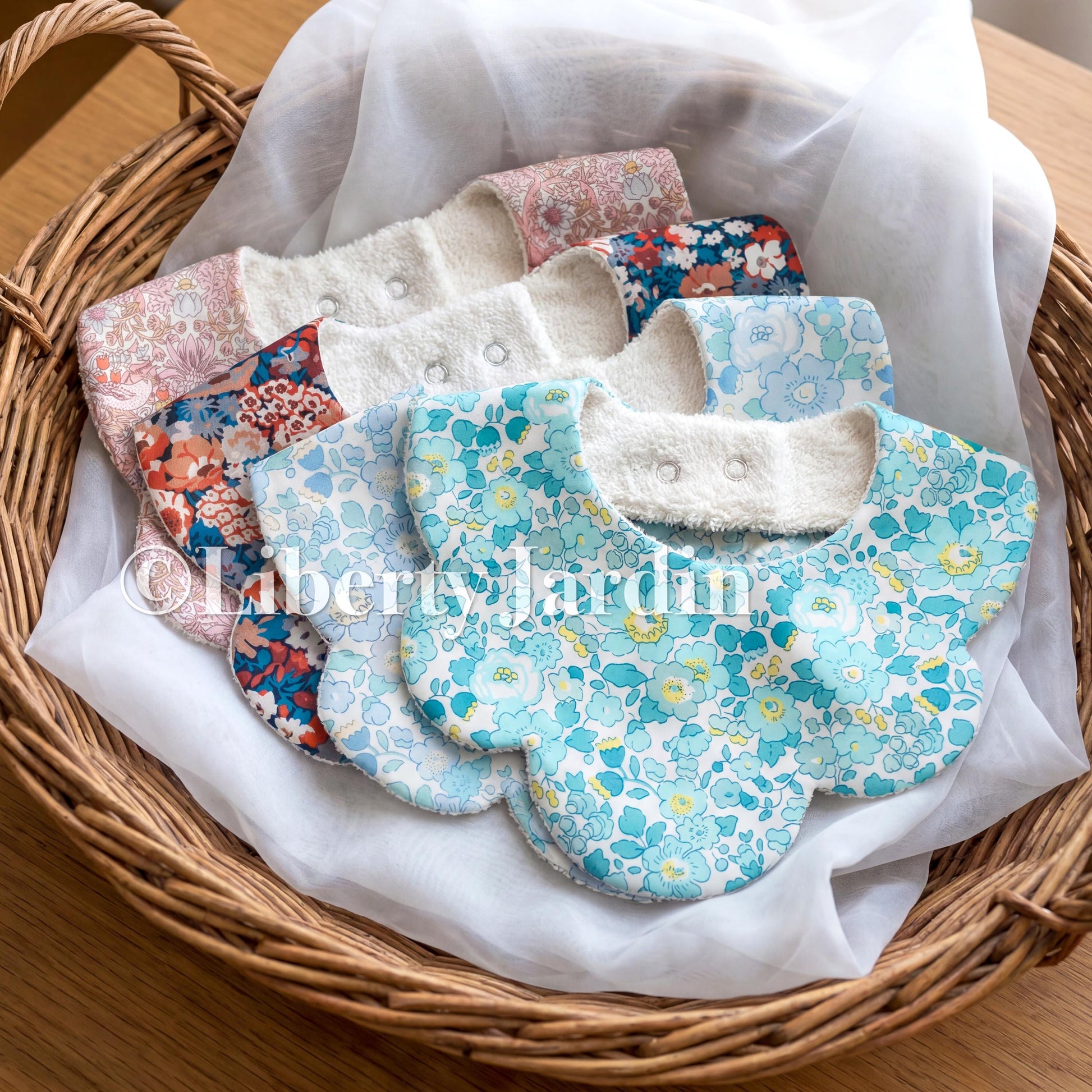Liberty London Scallop Bibs, Organic Cotton Flower Print, Baby Drool Catcher (Set of 4)