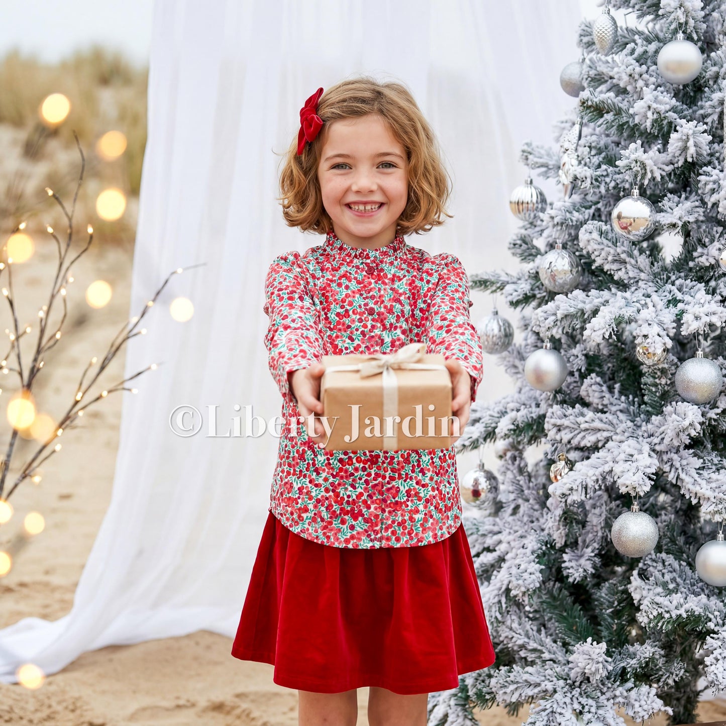 CHRISTMAS Liberty London Long Sleeves Blouse, Ruffle Collar Button Up Top, Handmade Personalised Shirt, Wiltshire Berries Customised Chemise