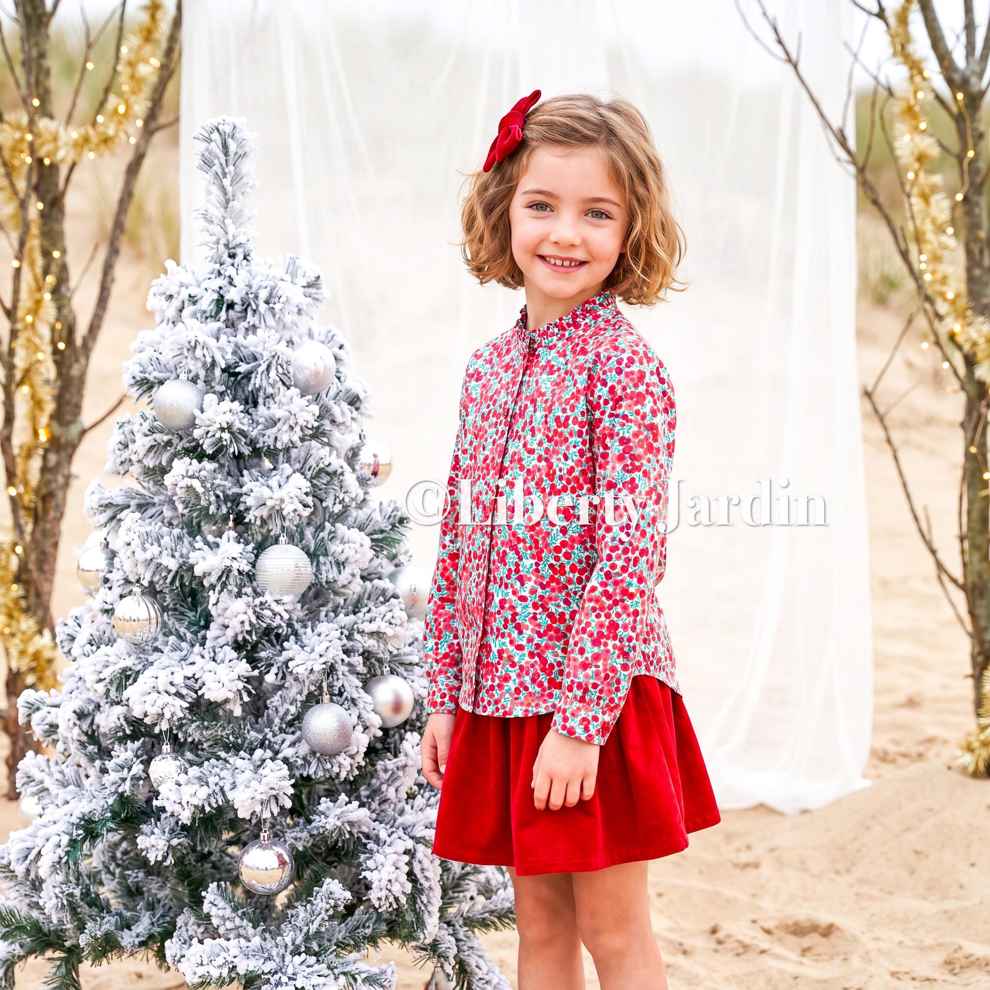 CHRISTMAS Liberty London Long Sleeves Blouse, Ruffle Collar Button Up Top, Handmade Personalised Shirt, Wiltshire Berries Customised Chemise