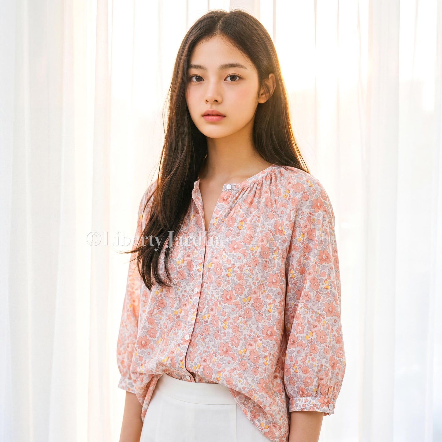 Liberty London Gathered Blouse, 3/4 Bishop Sleeves Shirt, Handcrafted Tailoring Clothing, Button-up Botanical Chemise, Handmade Personalised
