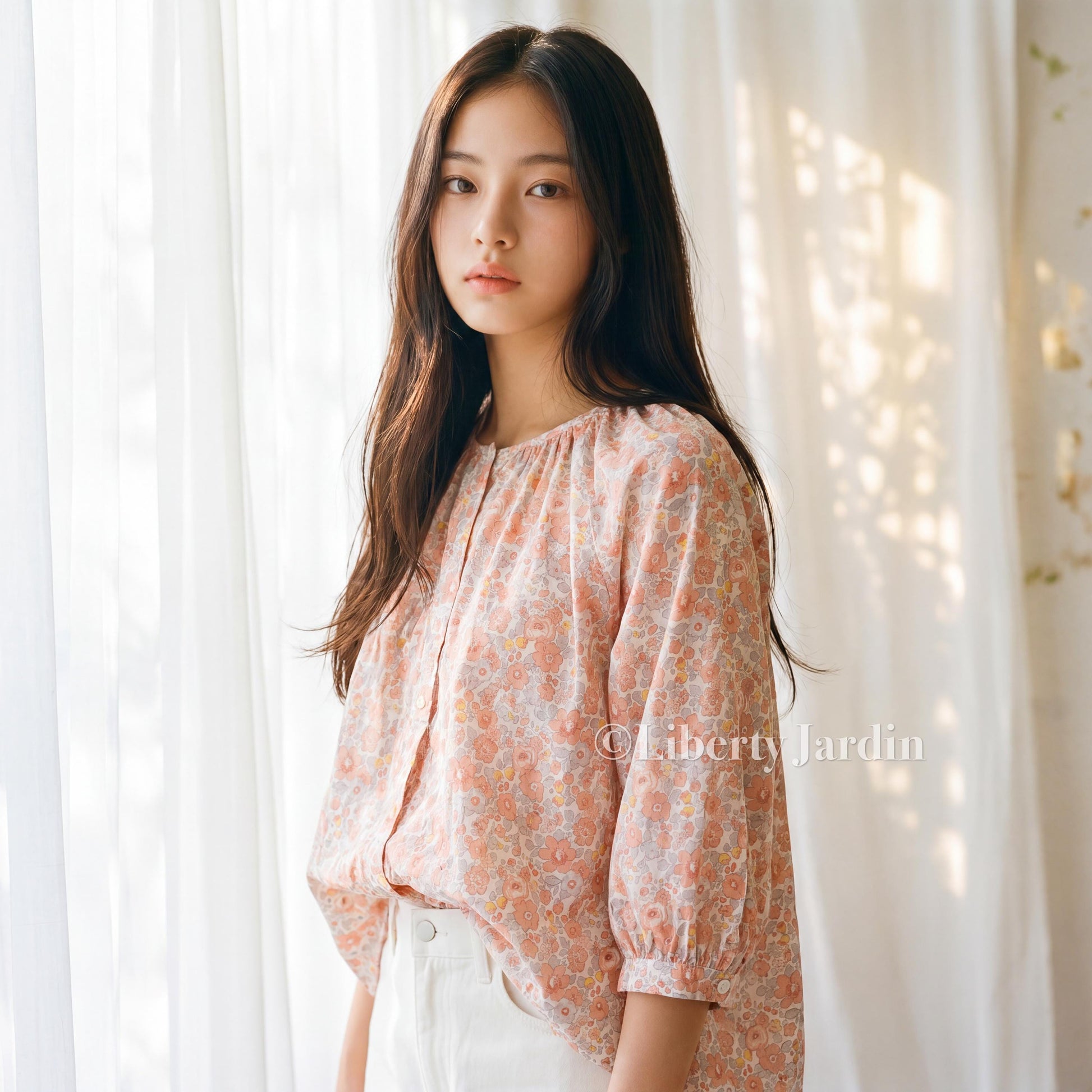 Liberty London Gathered Blouse, 3/4 Bishop Sleeves Shirt, Handcrafted Tailoring Clothing, Button-up Botanical Chemise, Handmade Personalised