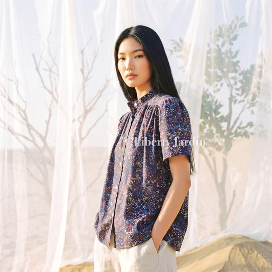 Liberty London Gather Blouse, Short Sleeves Mandarin Collar Shirt, Handmade Botanical Top, Customised Button Up Chemise, Personalised Design