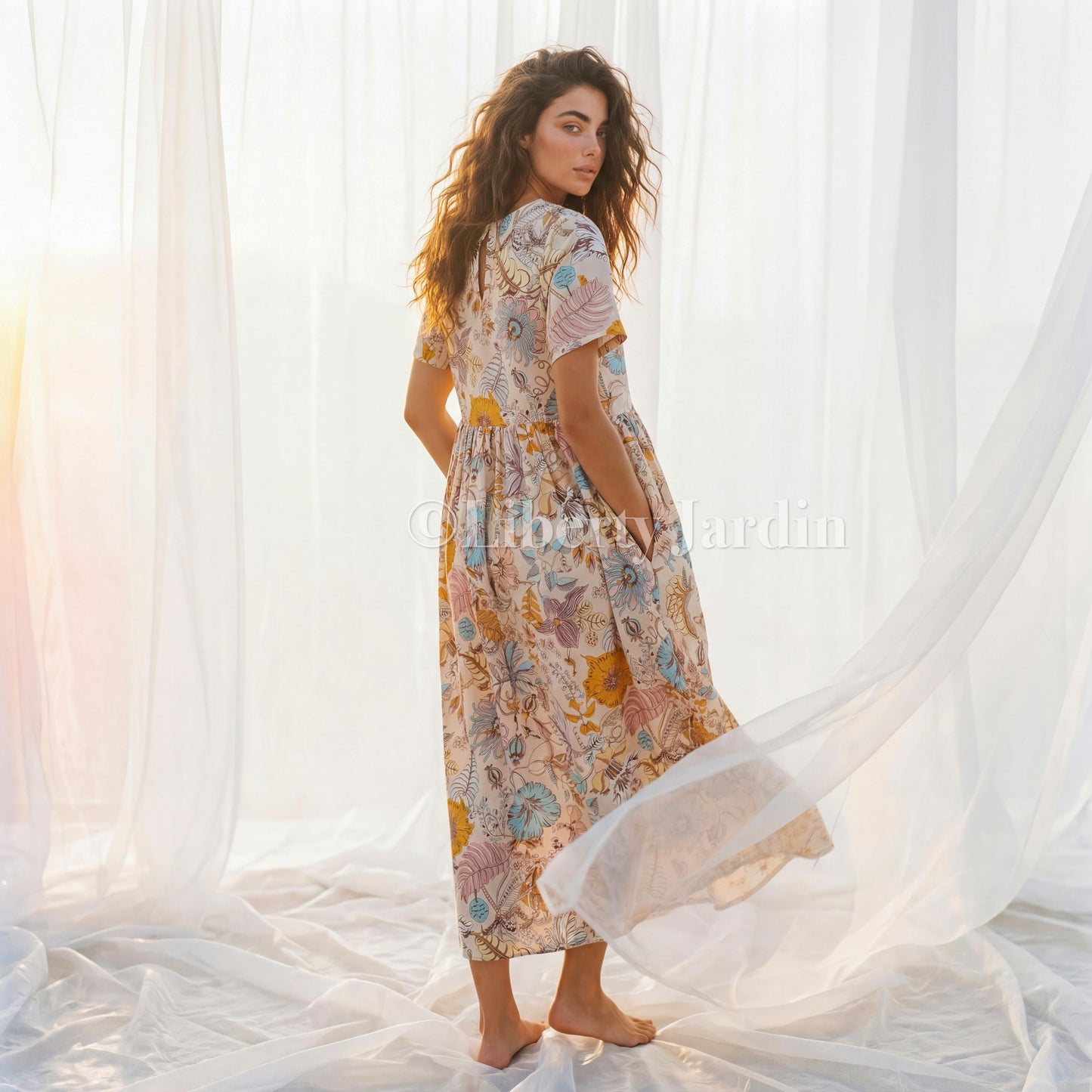 Liberty Jardin Cotton Midi Dress, Botanical Print Short Sleeve Sundress, Handmade Personalised Sustainable Clothing
