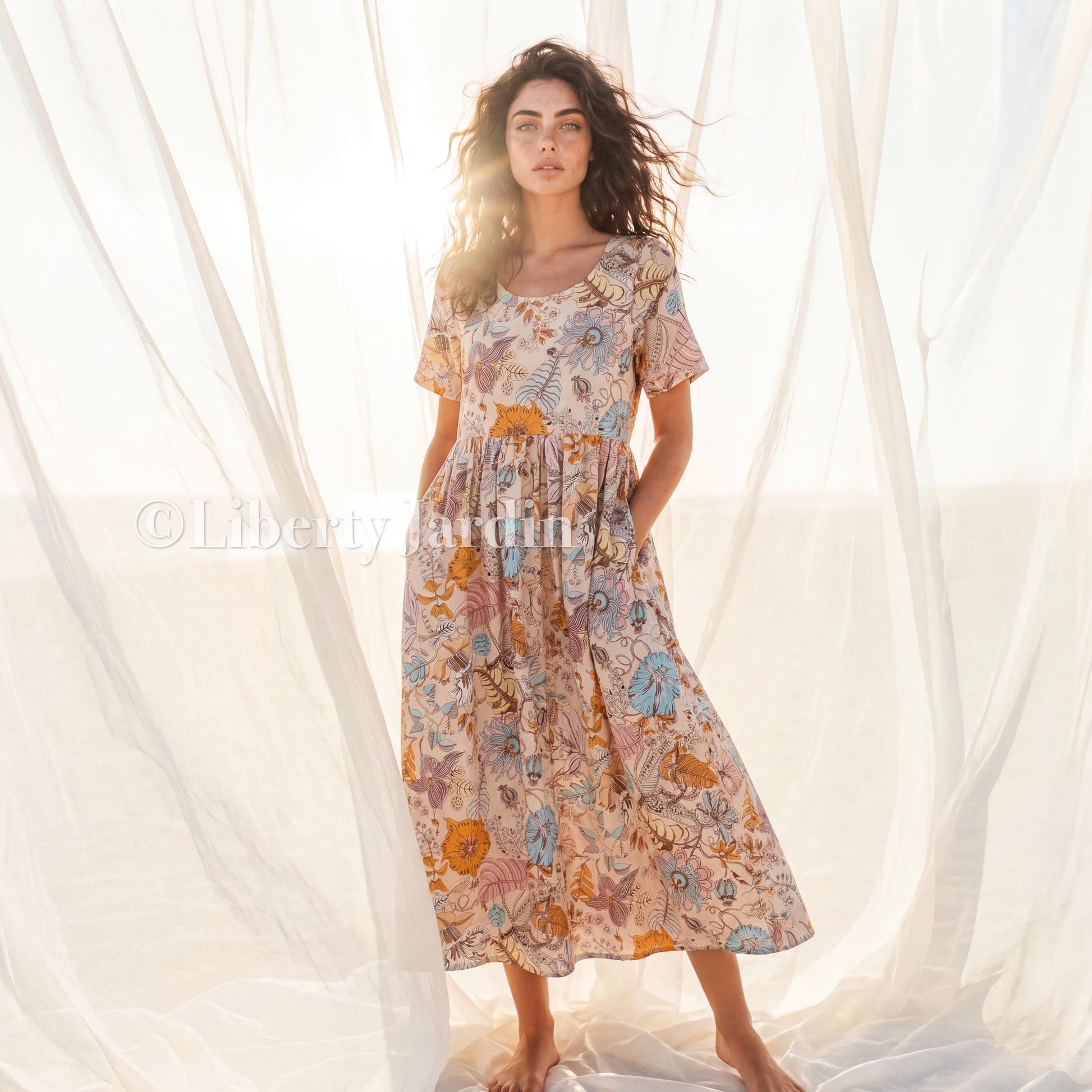 Liberty Jardin Cotton Midi Dress, Botanical Print Short Sleeve Sundress, Handmade Personalised Sustainable Clothing