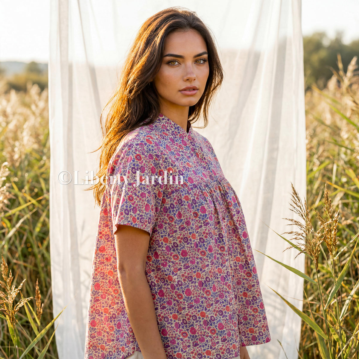 Liberty London Smock Top, Mandarin Collar Gather Blouse, Button Through Chemise, Botanical Handmade Womenswear, Short Sleeves Cotton Shirt