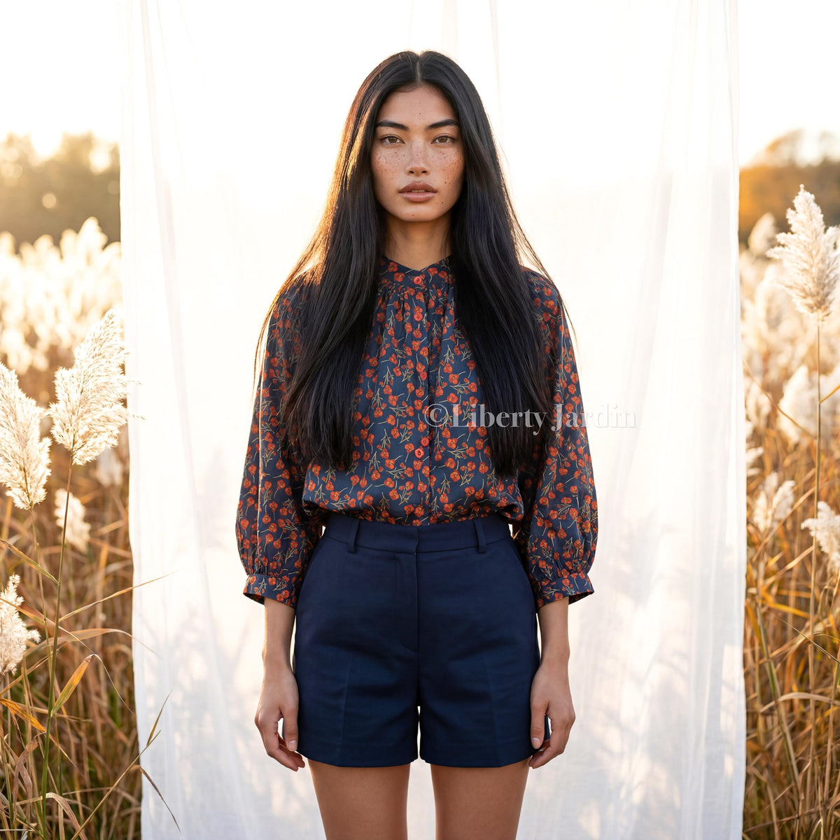 Liberty London Blouse, Raglan 3/4 Sleeves Top, Mandarin Collar Shirt, Handmade Botanical Clothing, Sustainable Personalised Cotton Wear